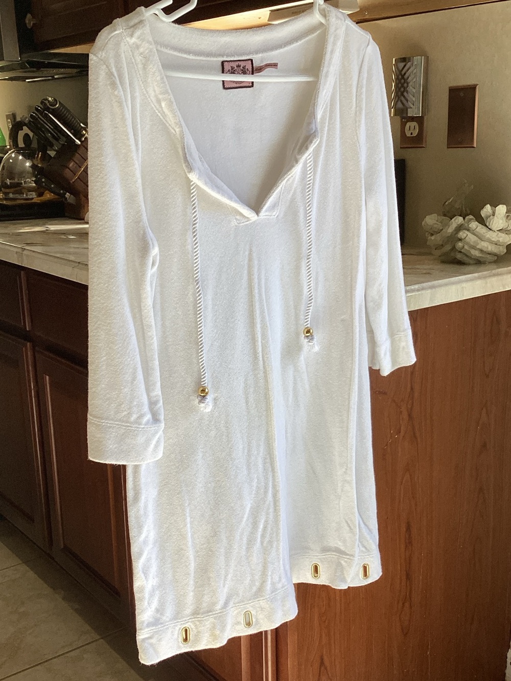 Juicy Couture White Hooded V-Neck Tunic with Gold Accents